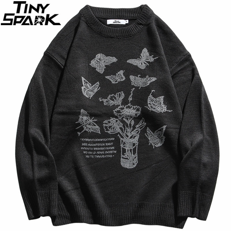 Knitted Sweater Hip Hop Streetwear Harajuku Pullover Mens Butterfly Print Sweater 2020 Autumn Winter Cotton Casual Sweater Black